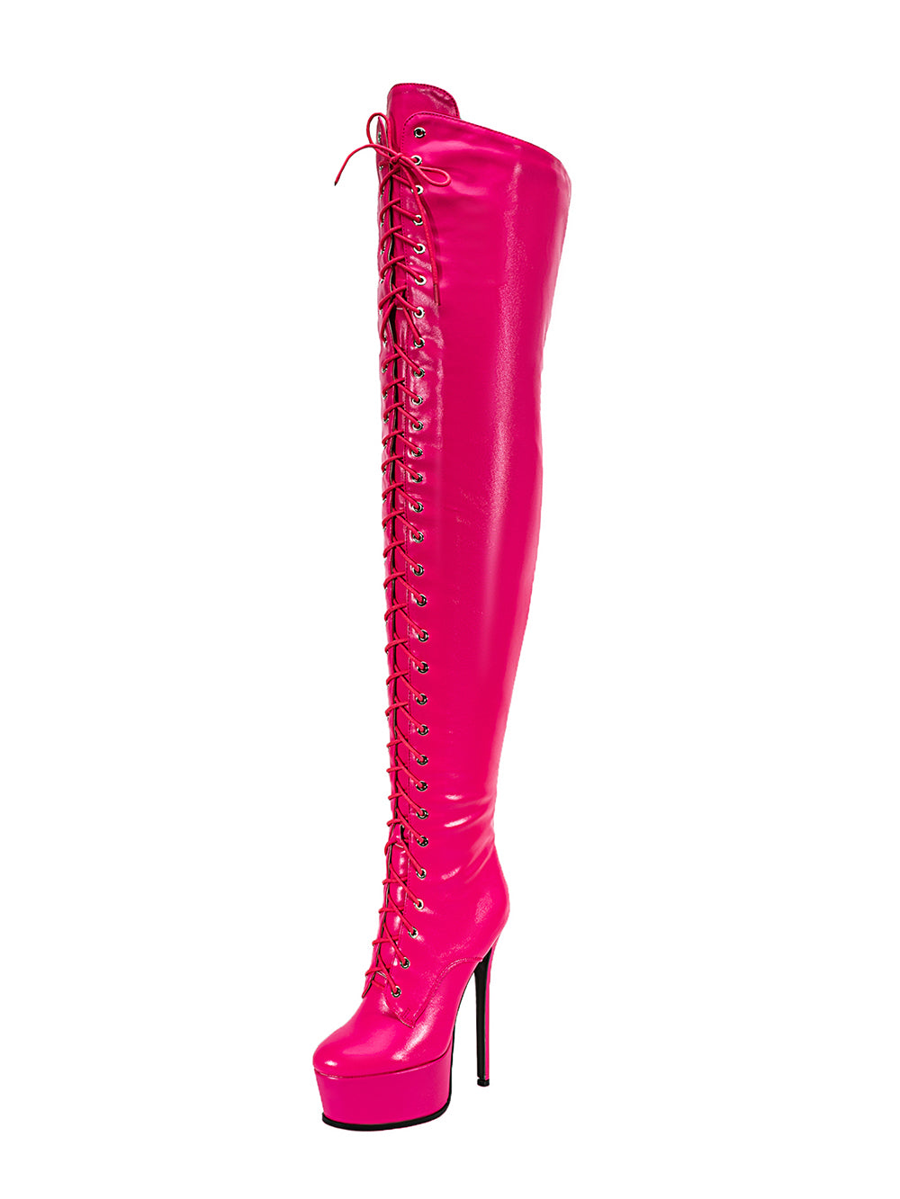 <tc>Women's Hot PInk Vegan Leather Lace up Platform Stiletto Heel Sexy Thigh High Boots</tc>