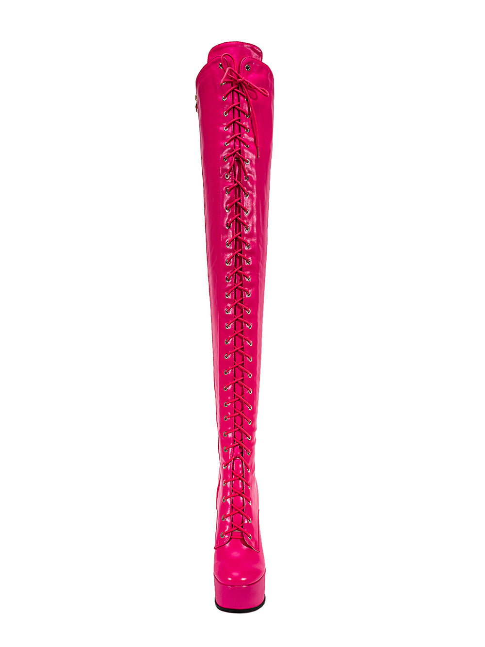 <tc>Women's Hot PInk Vegan Leather Lace up Platform Stiletto Heel Sexy Thigh High Boots</tc>