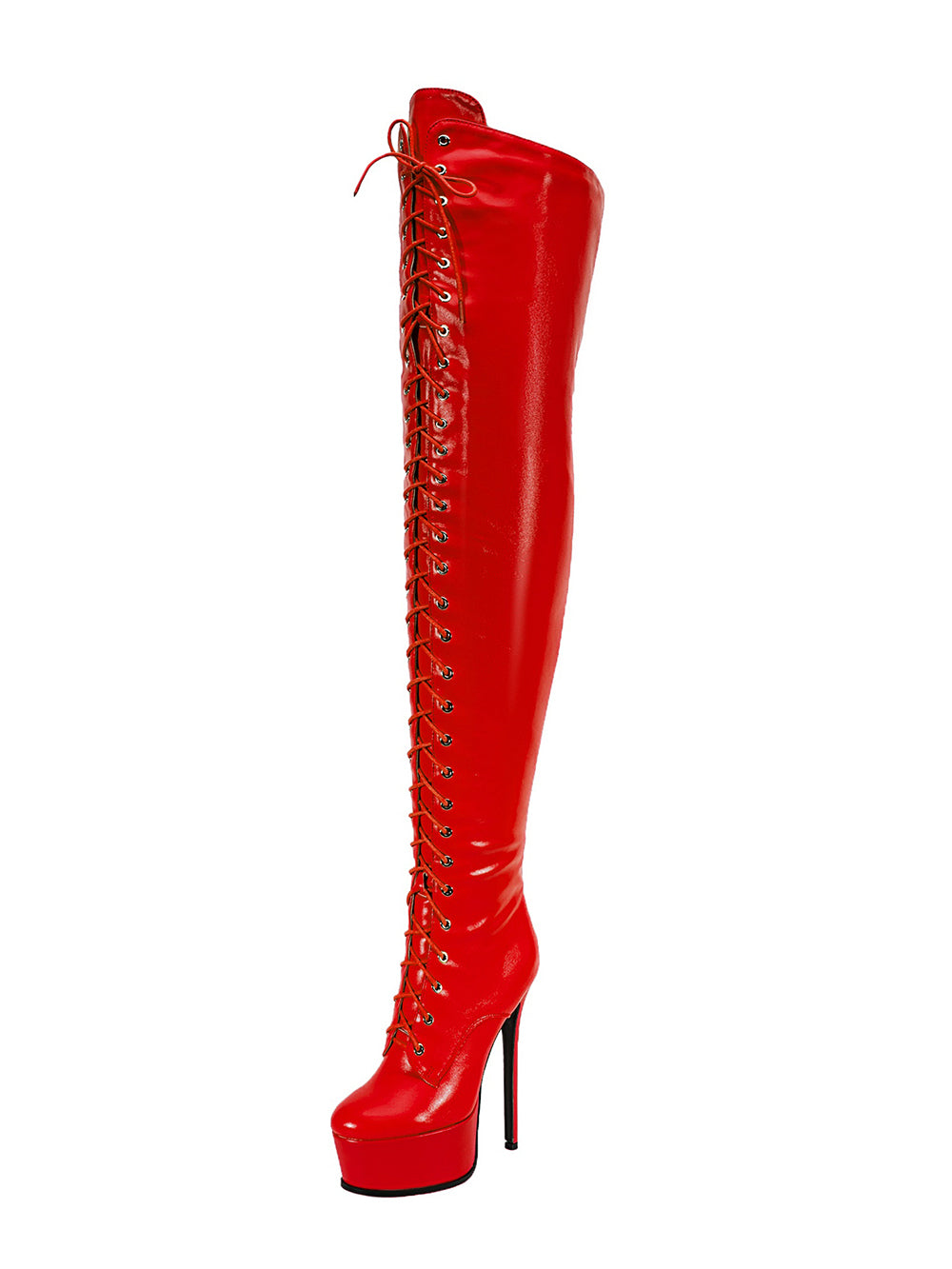 <tc>Women's Red Vegan Leather Lace up Platform Stiletto Heel Sexy Thigh High Boots</tc>