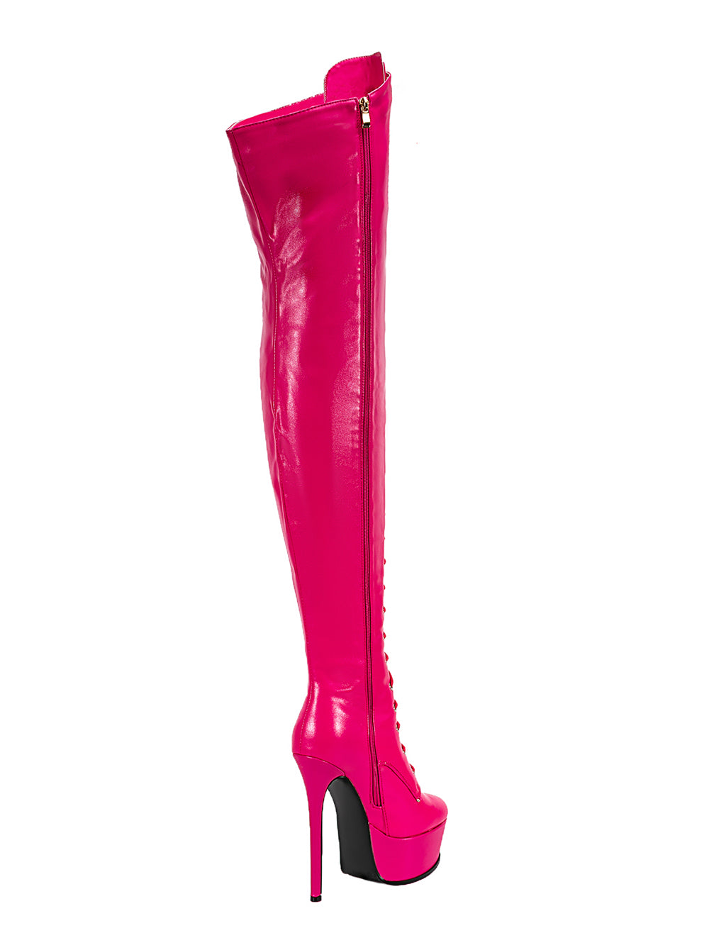 <tc>Women's Hot PInk Vegan Leather Lace up Platform Stiletto Heel Sexy Thigh High Boots</tc>