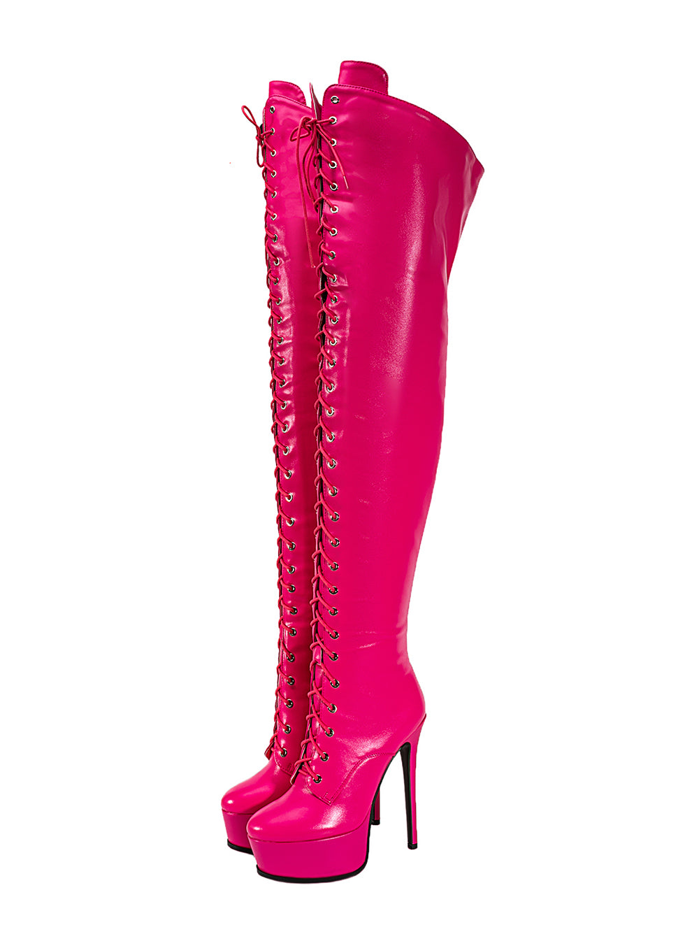 <tc>Women's Hot PInk Vegan Leather Lace up Platform Stiletto Heel Sexy Thigh High Boots</tc>