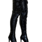 <tc>Women's Black Vegan Leather Lace up Platform Stiletto Heel Sexy Thigh High Boots</tc>