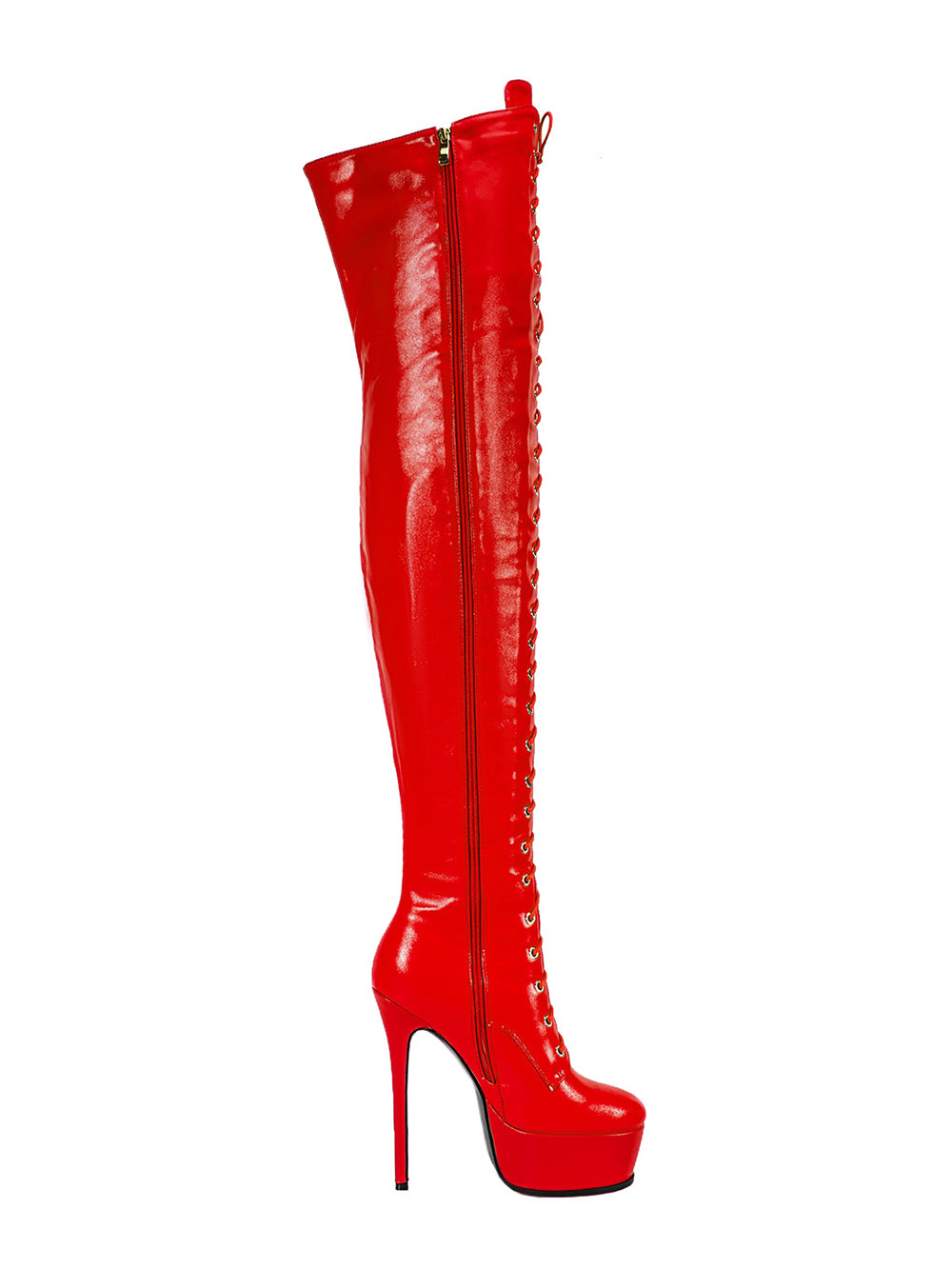 <tc>Women's Red Vegan Leather Lace up Platform Stiletto Heel Sexy Thigh High Boots</tc>