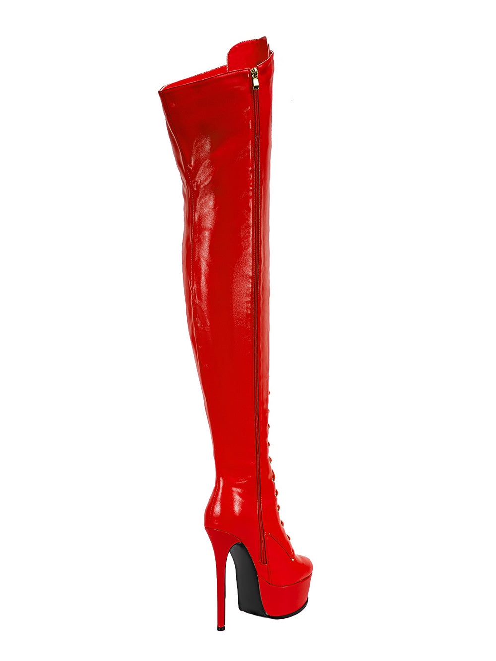 <tc>Women's Red Vegan Leather Lace up Platform Stiletto Heel Sexy Thigh High Boots</tc>