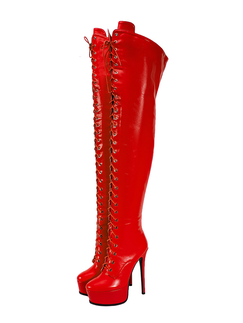 <tc>Women's Red Vegan Leather Lace up Platform Stiletto Heel Sexy Thigh High Boots</tc>