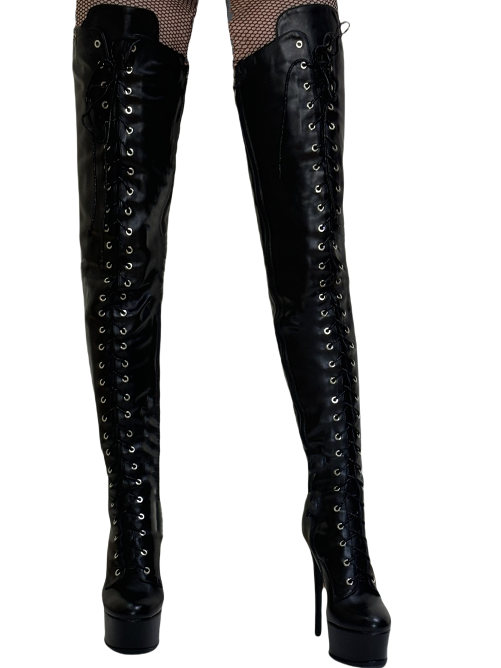 <tc>Women's Black Vegan Leather Lace up Platform Stiletto Heel Sexy Thigh High Boots</tc>