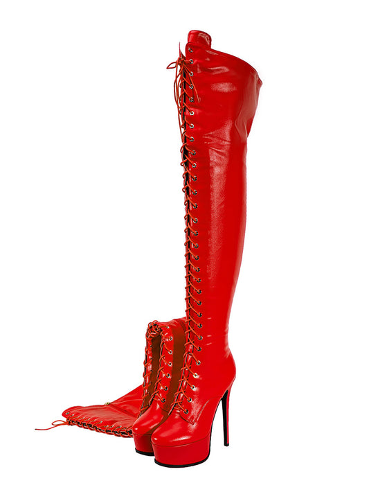 <tc>Women's Red Vegan Leather Lace up Platform Stiletto Heel Sexy Thigh High Boots</tc>