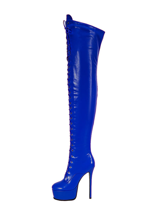 <tc>Women's Blue Vegan Leather Lace up Platform Stiletto Heel Sexy Thigh High Boots</tc>