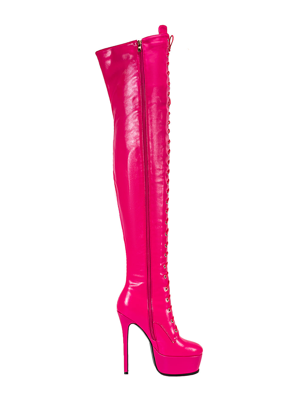 <tc>Women's Hot PInk Vegan Leather Lace up Platform Stiletto Heel Sexy Thigh High Boots</tc>