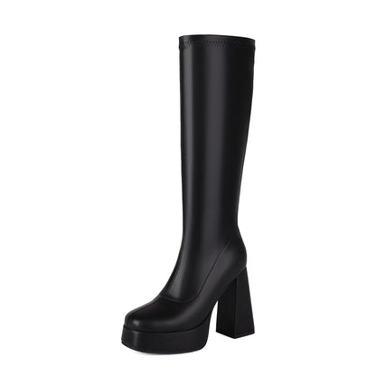 Women's Black Vegan Leather Square Toe Chunky Heel Knee High Boots