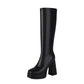 Women's Black Vegan Leather Square Toe Chunky Heel Knee High Boots