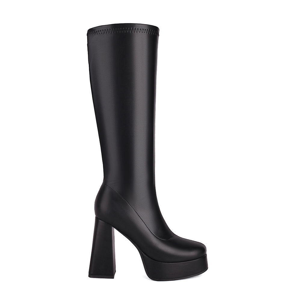 Women's Black Vegan Leather Square Toe Chunky Heel Knee High Boots