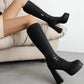 Women's Black Vegan Leather Square Toe Chunky Heel Knee High Boots