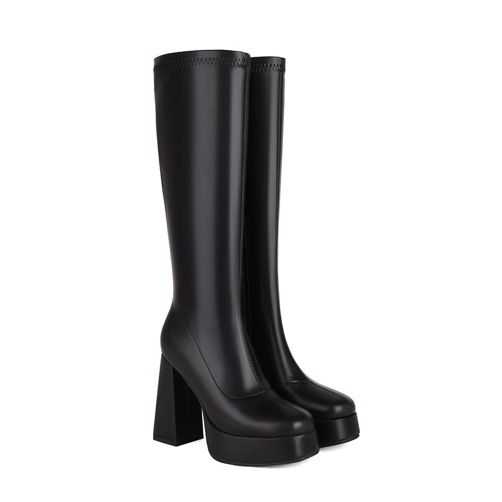 Women's Black Vegan Leather Square Toe Chunky Heel Knee High Boots