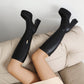 Women's Black Vegan Leather Square Toe Chunky Heel Knee High Boots