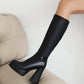 Women's Black Vegan Leather Square Toe Chunky Heel Knee High Boots