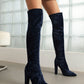 Women's Velvet Chunky Heel Over the Knee High Boots