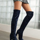 Women's Velvet Chunky Heel Over the Knee High Boots