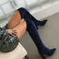 Women's Velvet Chunky Heel Over the Knee High Boots