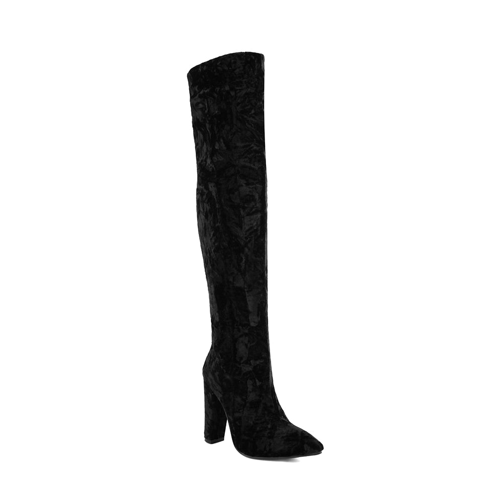 Women's Velvet Chunky Heel Over the Knee High Boots