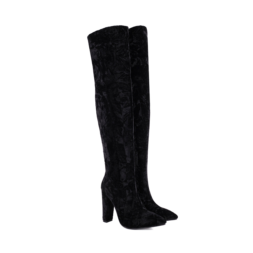 Women's Velvet Chunky Heel Over the Knee High Boots