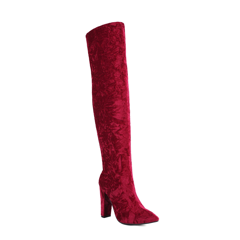 Women's Velvet Chunky Heel Over the Knee High Boots