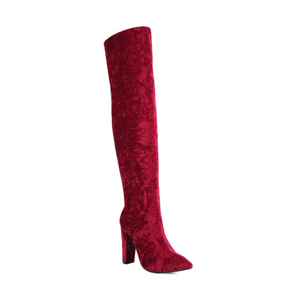 Women's Velvet Chunky Heel Over the Knee High Boots