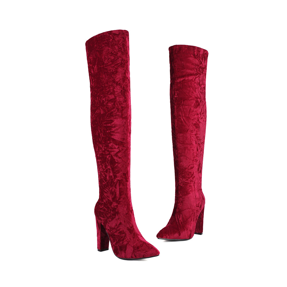 Women's Velvet Chunky Heel Over the Knee High Boots