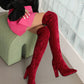 Women's Velvet Chunky Heel Over the Knee High Boots