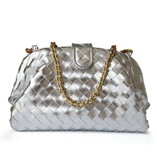 <tc>Women's Silver Leather Shell Woven Handbag Shoulder Mini Bag</tc>