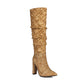 Women's Yellow Fabric Point Toe Chunky Heel Knee-High Boots