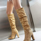 Women's Yellow Fabric Point Toe Chunky Heel Knee-High Boots