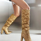 Women's Yellow Fabric Point Toe Chunky Heel Knee-High Boots