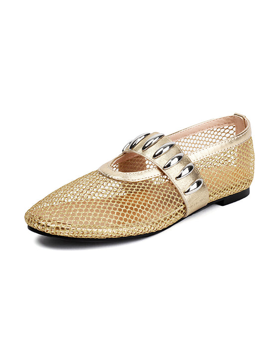 <tc>Women's Gold Mesh Round Toe Flat Mary Jane Shoes Trend Net Ballet Shoes</tc>