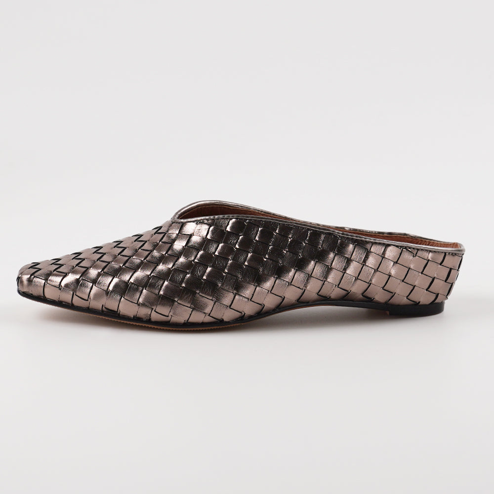 <tc>Womens Metallic Color Leather Woven Mule Flats</tc>