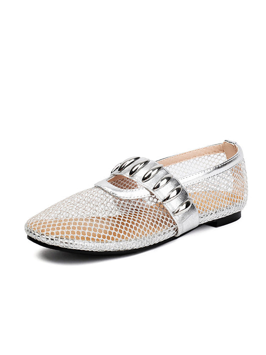 <tc>Women's Silver Mesh Round Toe Flat Mary Jane Shoes Trend Net Ballet Shoes</tc>