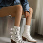 <tc>Women's White Patent Leather Buckles Pointed Toe Block Heel Ankle Boots</tc>