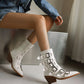 <tc>Women's White Patent Leather Buckles Pointed Toe Block Heel Ankle Boots</tc>