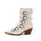 <tc>Women's White Patent Leather Buckles Pointed Toe Block Heel Ankle Boots</tc>