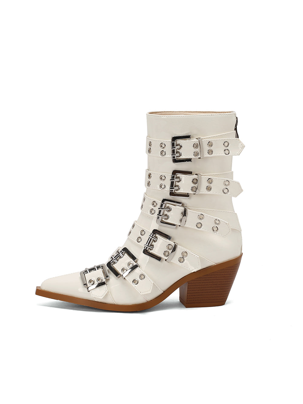 <tc>Women's White Patent Leather Buckles Pointed Toe Block Heel Ankle Boots</tc>