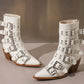 <tc>Women's White Patent Leather Buckles Pointed Toe Block Heel Ankle Boots</tc>