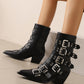 <tc>Women's Vegan Leather Buckles Pointed Toe Block Heel Ankle Boots</tc>