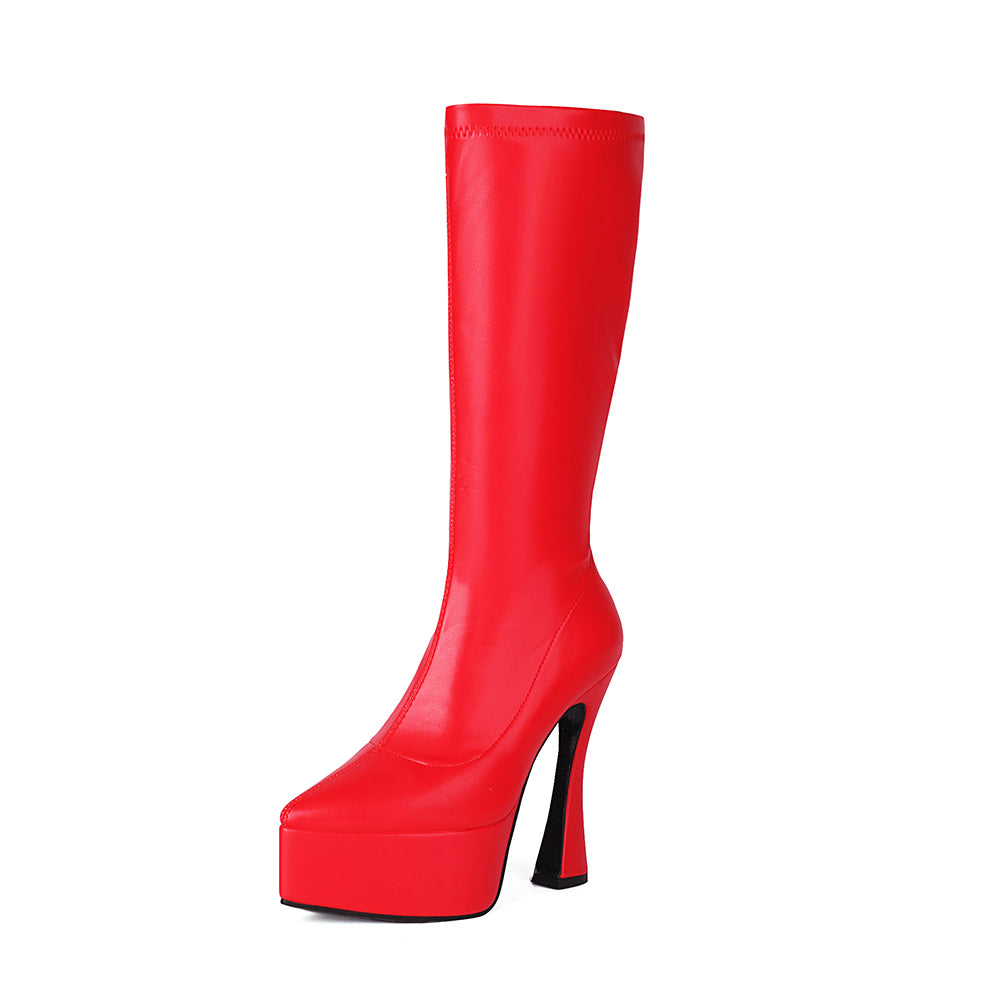 Women's Vegan Leather Elastic Stiletto Heel Platform Knee High Boots