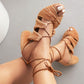 Peep-toe block heel lace-up strap sandals