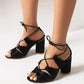 Peep-toe block heel lace-up strap sandals