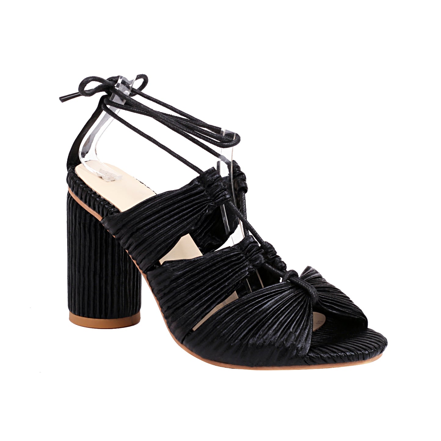 Peep-toe block heel lace-up strap sandals