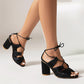 Peep-toe block heel lace-up strap sandals