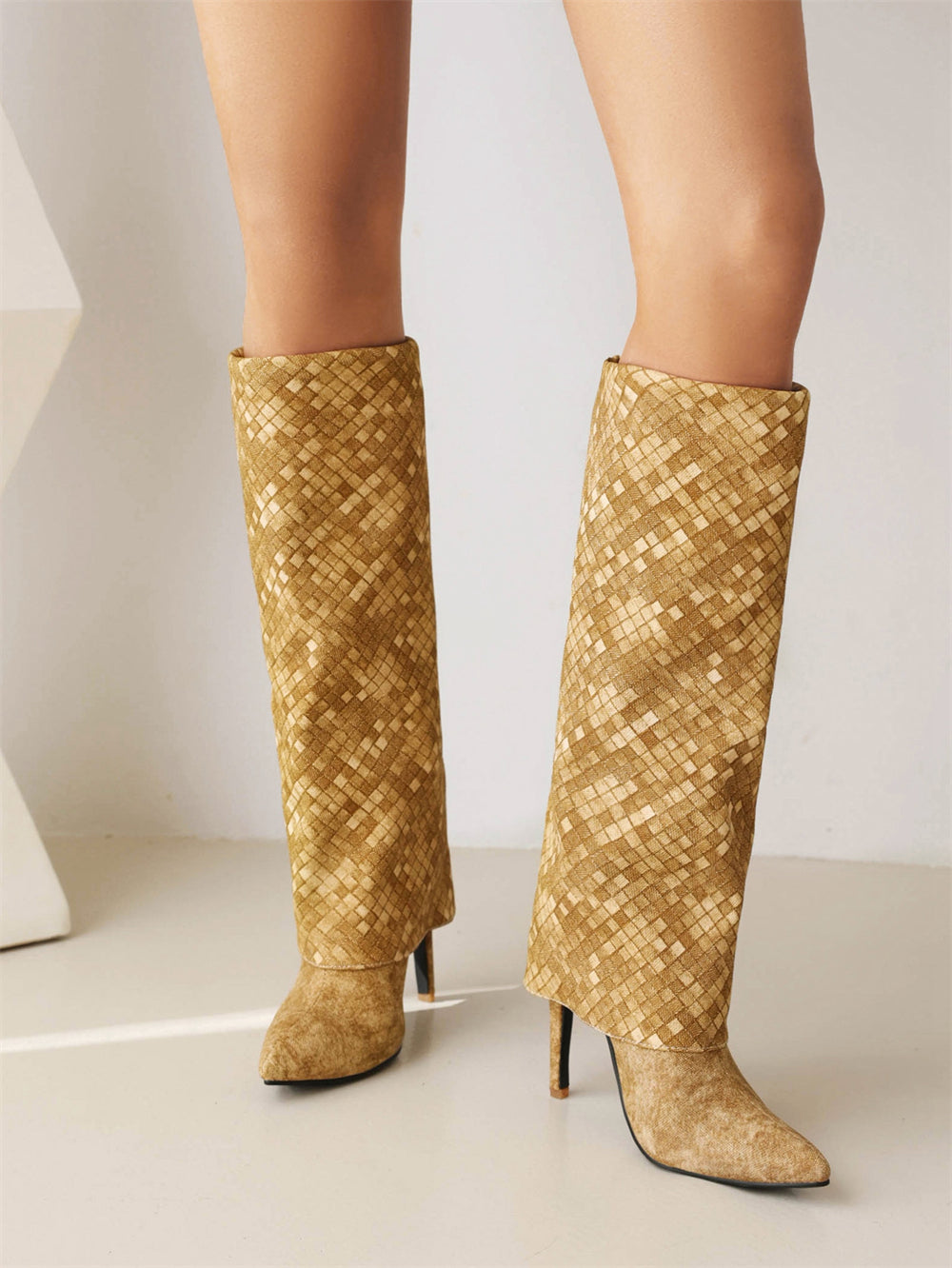 Yellow Fashion Fabric Foldover Stiletto Heel Pointed Toe Knee High Boots