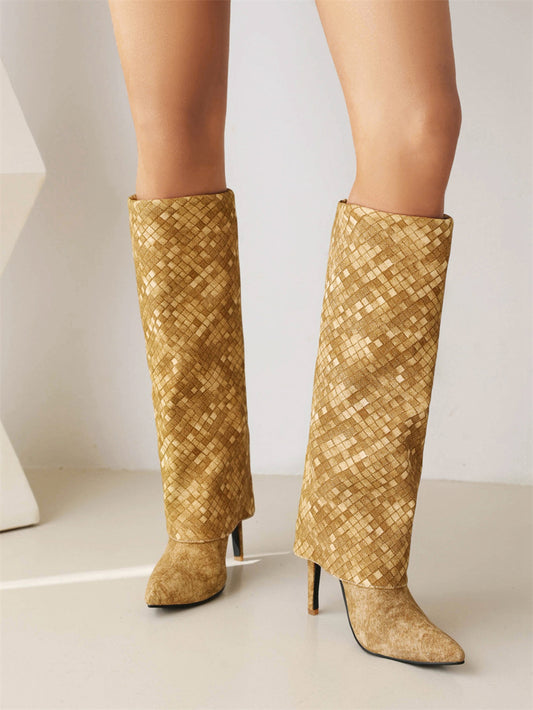 Yellow Fashion Fabric Foldover Stiletto Heel Pointed Toe Knee High Boots