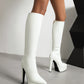 White Vegan Leather Pointed Toe Stiletto Heel Platform Knee-High Boots